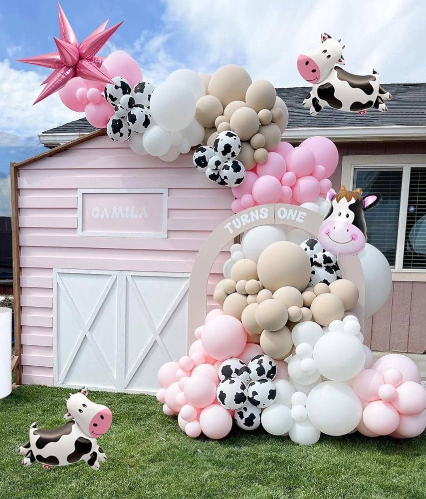 Pink Cow Balloon Garland Kit Cow Print and Pastel Pink White Tan Cowgirl Balloons for Girl my fir... | Amazon (US)
