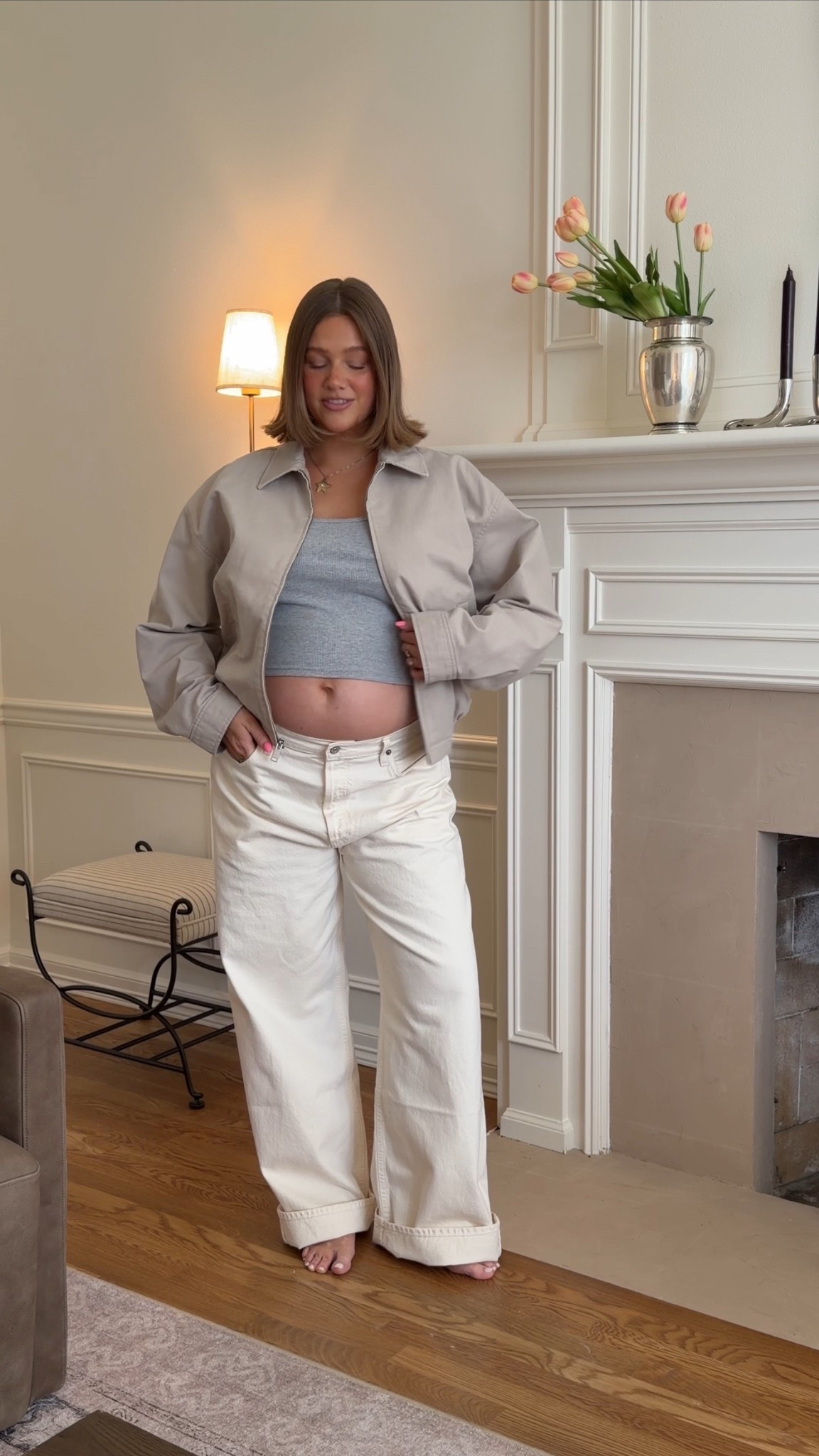 Size L in everything except pink striped sweater I got a medium it runs big! Honestly everything runs pretty loose so stick with true size. I went up in low rise jeans to a 31 for pregnancy, my typical size in this jean is a 29 for a low rise fit. Loveeee them. 

#pregnancy #bresheppard #pregnant #secondtrimester #aritzia #lowrise #agolde #ltkbump #ltkgrwm

@aritzia 