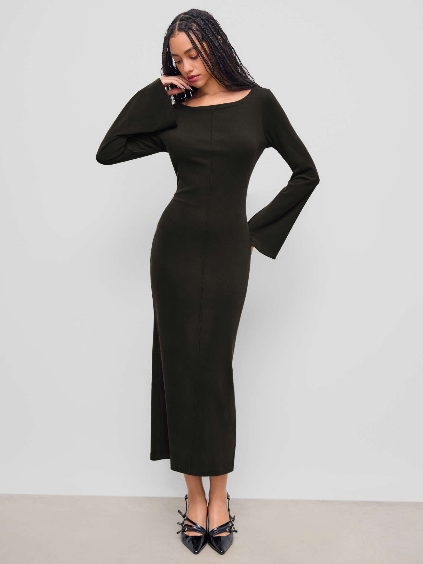 Knit Fabric Solid Bell Sleeve Maxi Dress For Daily Casual | Cider