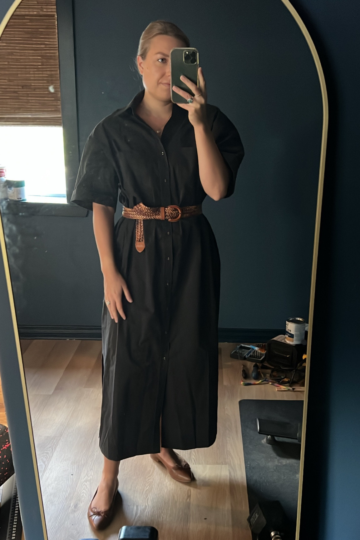 heading to the office in my new favorite dress from dissh! the masculine shirt dress is balanced out with super feminine ballet flats. my exact dress is sold out but linked very similar options below!

shirtdress, fall dress, black dress, ballet flats, sustainable dress, leather flats, woven belt 

#LTKxMadewell #LTKstyletip #LTKworkwear