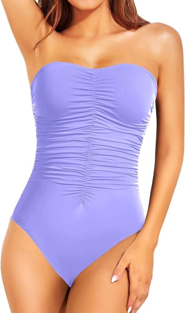 Holipick Women Strapless One Piece Swimsuits Tummy Control Bandeau Bathing Suits Slimming Ruched ... | Amazon (US)