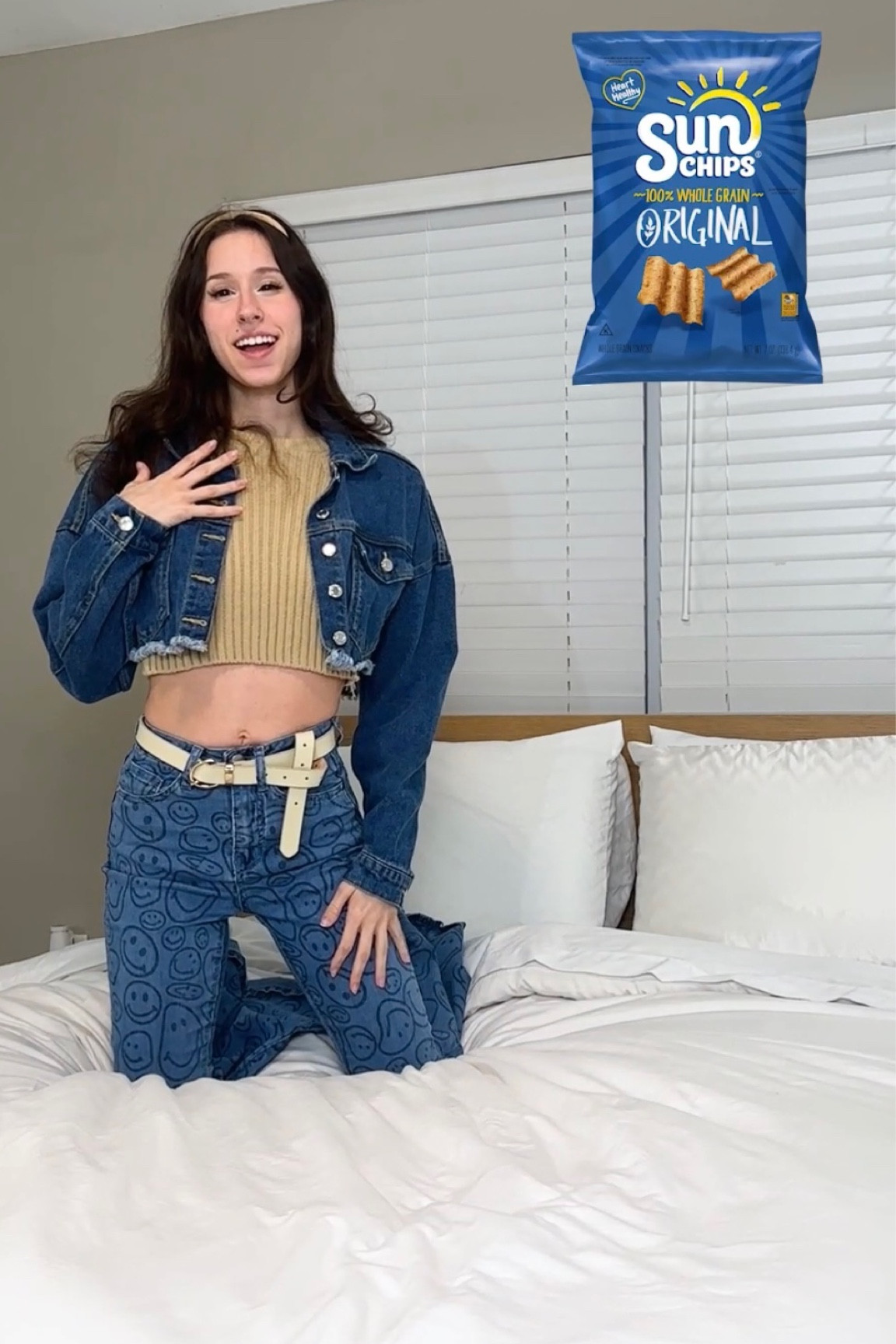 Outfit inspired by SunChips! 💙💛 love this cute outfit with a tan cropped sweater and smiley face jeans :) 

#LTKfindsunder100 #LTKstyletip #LTKfindsunder50