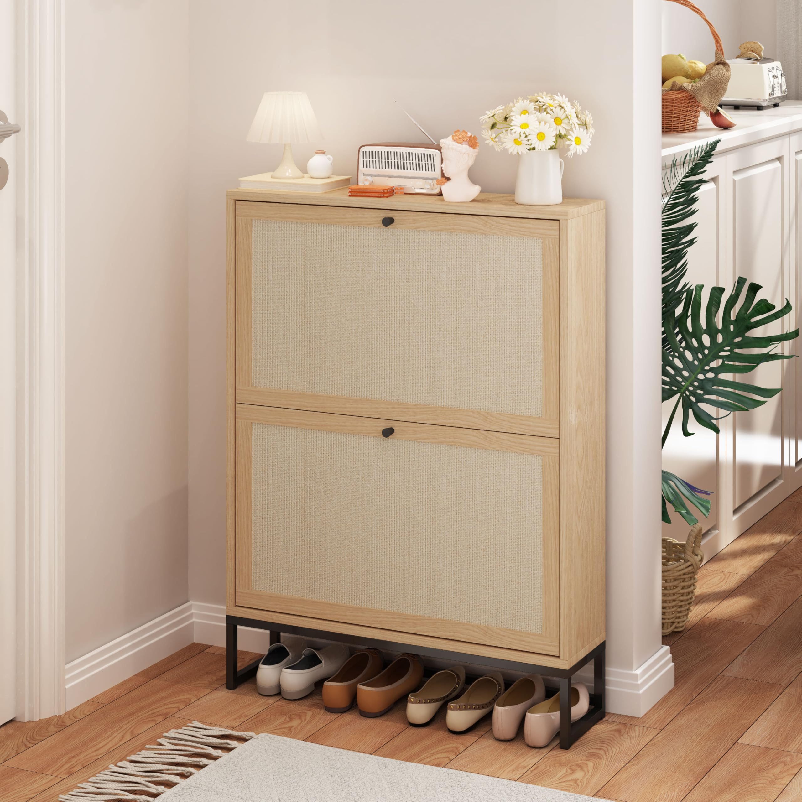 AVZEAR Narrow Shoe Storage Cabinet with 2 Flip Drawers, Freestanding Shoe Organizer Wooden Closed... | Amazon (CA)