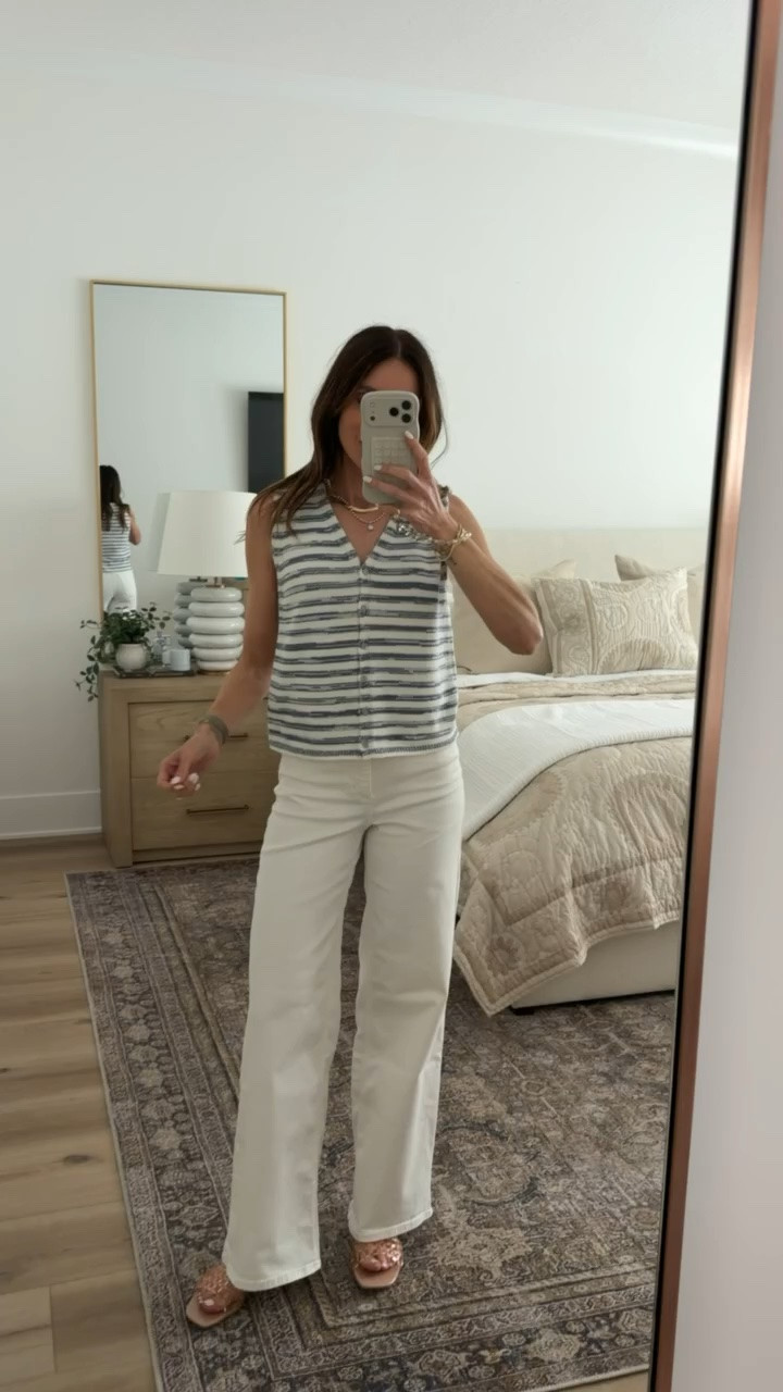 Viral white jeans from Target and cute striped top, I'm wearing size XS.

casual chic outfit, white jeans outfit, striped top outfit, everyday summer look, effortless style, neutral outfit, casual work outfit, coastal casual style, wide leg jeans outfit, brunch outfit

#LTKootd #LTKOver40