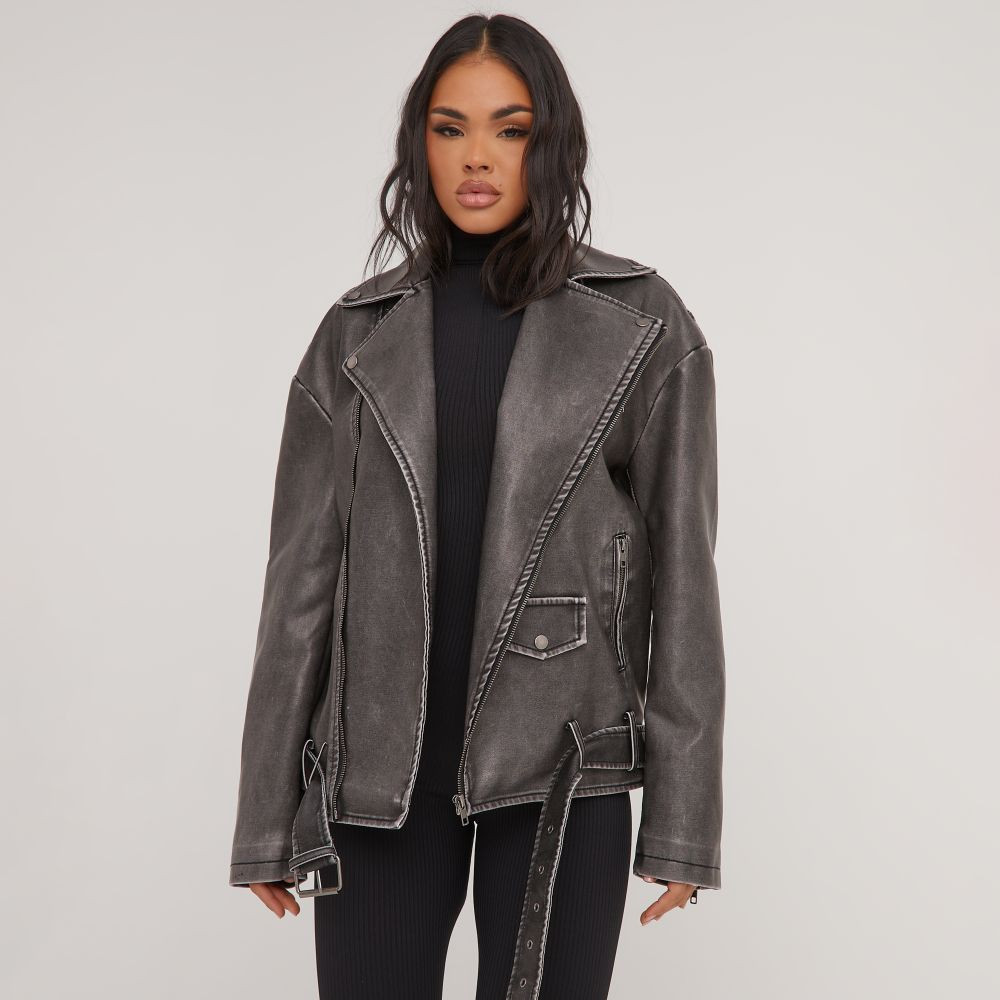 Oversized Pocket Detail Biker Jacket In Washed Grey Faux Leather | EGO Shoes (US & Canada)