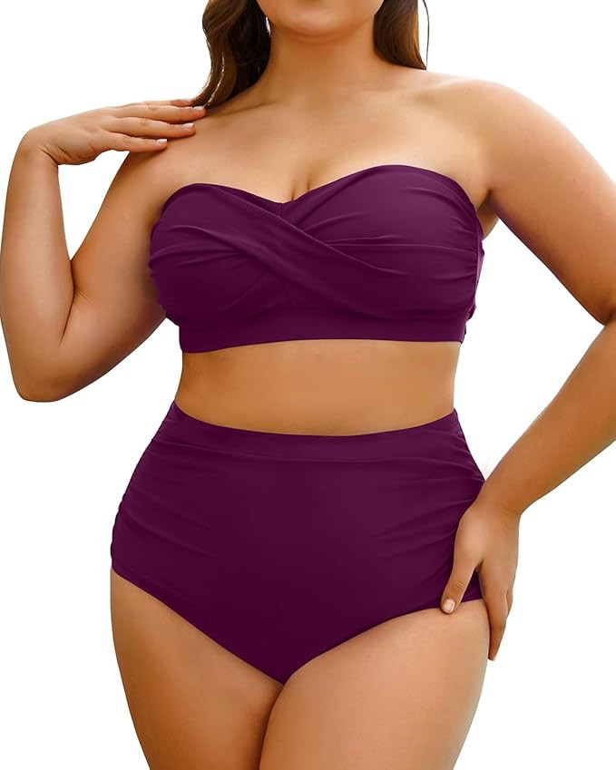 Yonique Women Plus Size Two Piece Swimsuits High Waisted Bathing Suits Bandeau Bikini Tummy Contr... | Amazon (US)