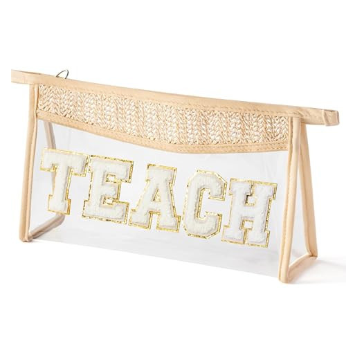 Belanttega Boho Patch TEACH Cosmetic Bag - Teacher Appreciation Gifts Teach Chenille Varsity Letter Clear Toiletry Makeup Bag Waterproof Portable Woven Makeup Pouch Summer Travel Pouch for Women Girls | Amazon (US)