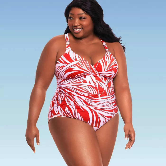 Women's Slimming Control Shirred One Piece Swimsuit - Dreamsuit by Miracle Brands Red White Tropi... | Target