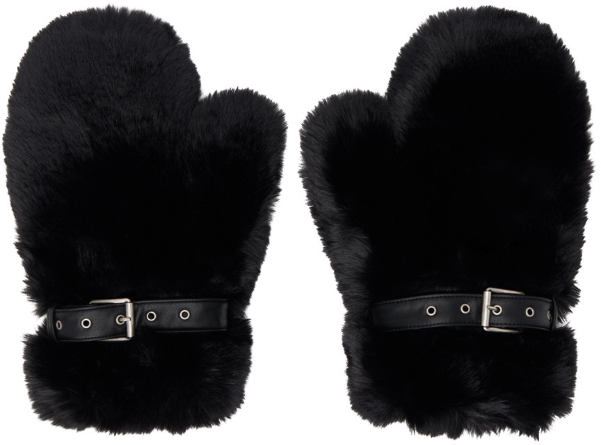 Acne Studios Black Fluffy Buckle Mittens | SSENSE