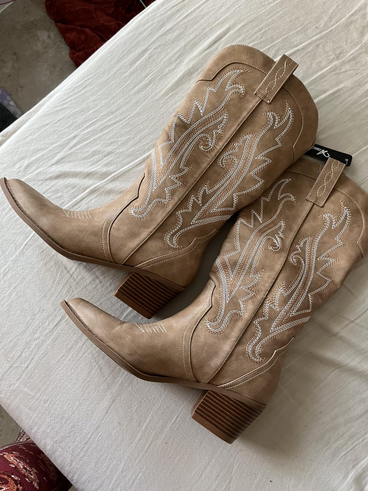 Athlefit Women's Embroidered Western Cowboy Boots Fashion Pointed Toe Chunky Heel Mid Calf Cowgirl B | Amazon (US)