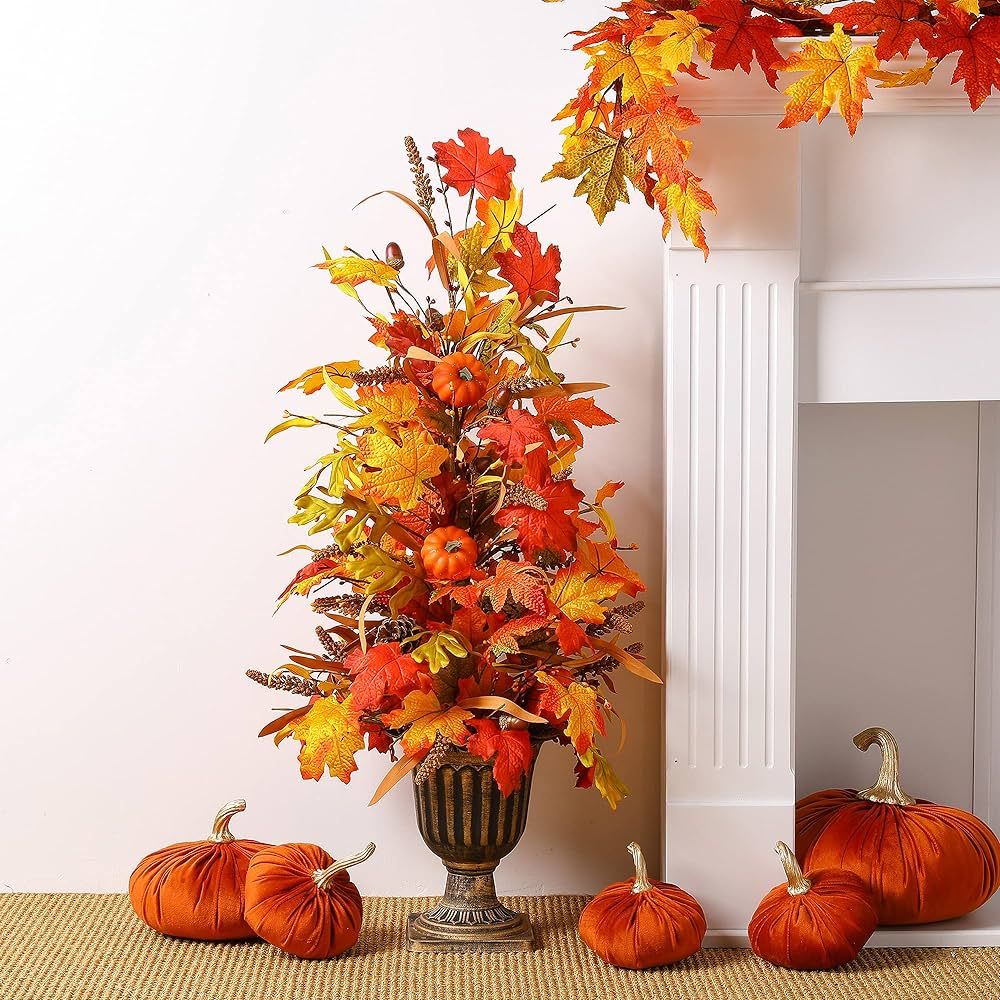 Glitzhome 36”H Fall Lighted Maple Leaves Tree, Artificial Urn Potted Porch Tree Faux Tree in Pot with Timer, 20 Warm White Lights for Fall Harvest Home Decor | Amazon (US)