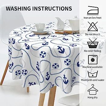 Pzoyubi Nautical Tablecloth Round 60 Inch Summer Tablecloth Blue Anchor Tablecloth Washable Table... | Amazon (US)