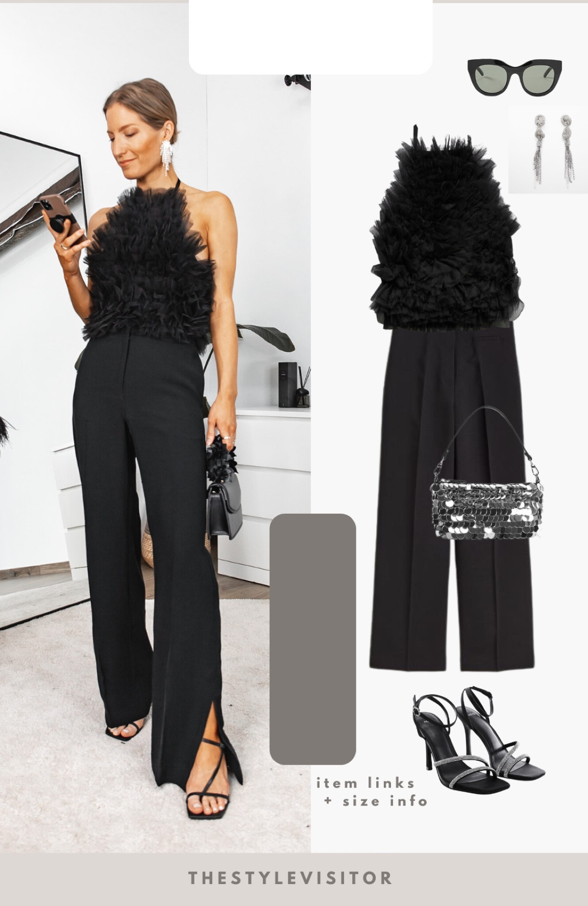 Top is zara 1822/124, I’m wearing s. The trousers I can really recommend as well, super comfy and can be worn to work as well as dressy occasions. I’d wear this to the theatre or fancy restaurant. Read the size guide/size reviews to pick the right size.

Leave a 🖤 if you want to see more party outfits like this

#partywear #all black outfit #tulle top #split hem trousers #rhinestone pumps #christmas outfit #date night outfit 



#LTKHoliday #LTKSeasonal #LTKstyletip
