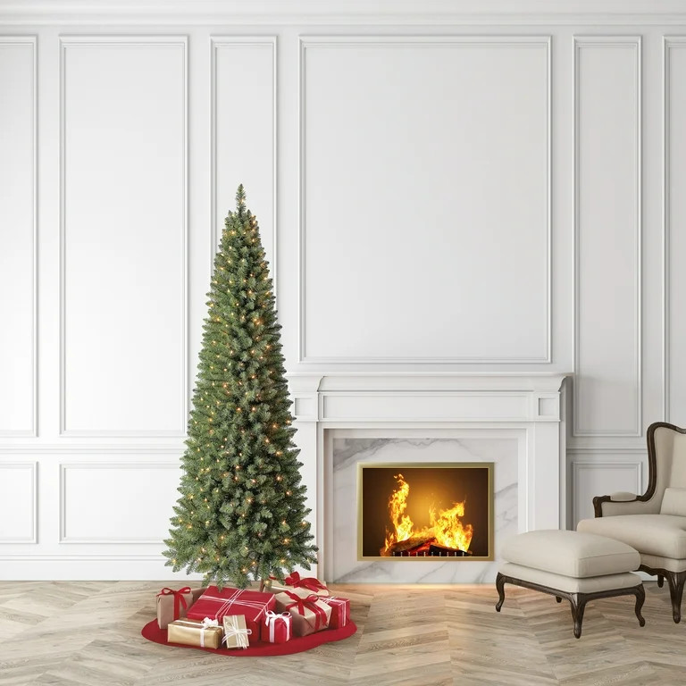 7 ft Pre-Lit Brinkley Pencil Pine Artificial Christmas Tree, Clear LED Lights, by Holiday Time | Walmart (US)