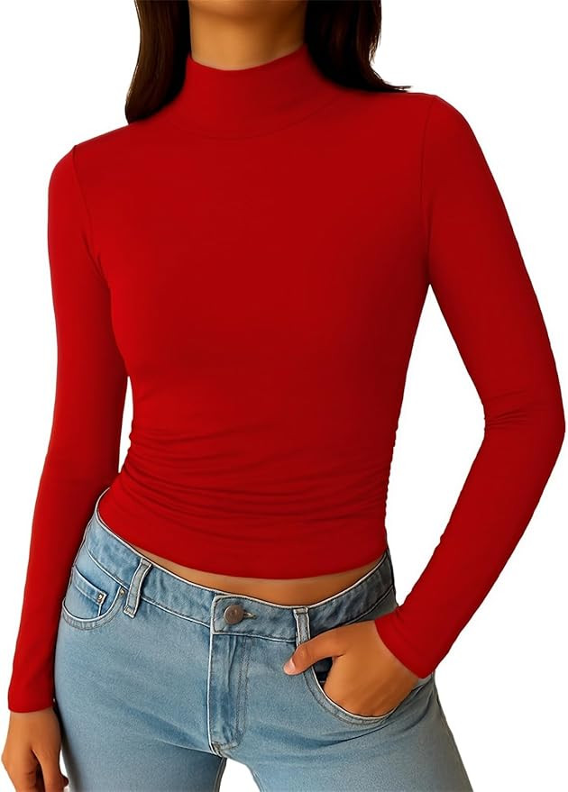 ForeFair Women's Mock Turtleneck Long Sleeve Going Out Tops Ruched Double Lined Tight Basic Tee S... | Amazon (US)