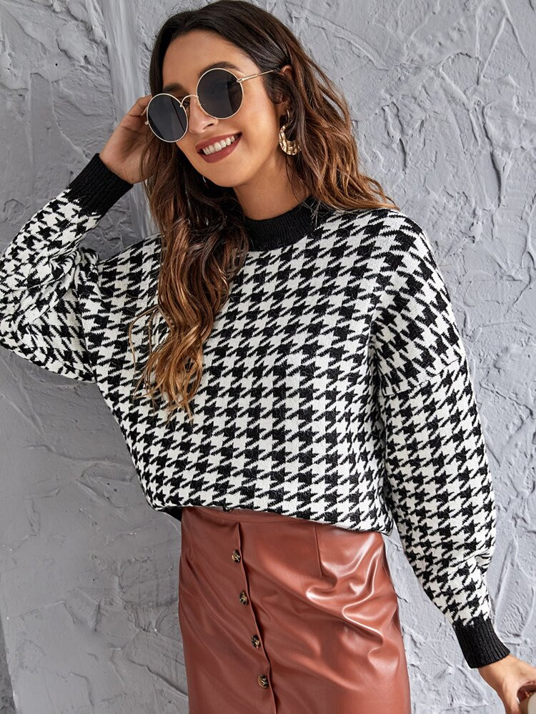 Houndstooth Pattern Drop Shoulder Sweater | SHEIN