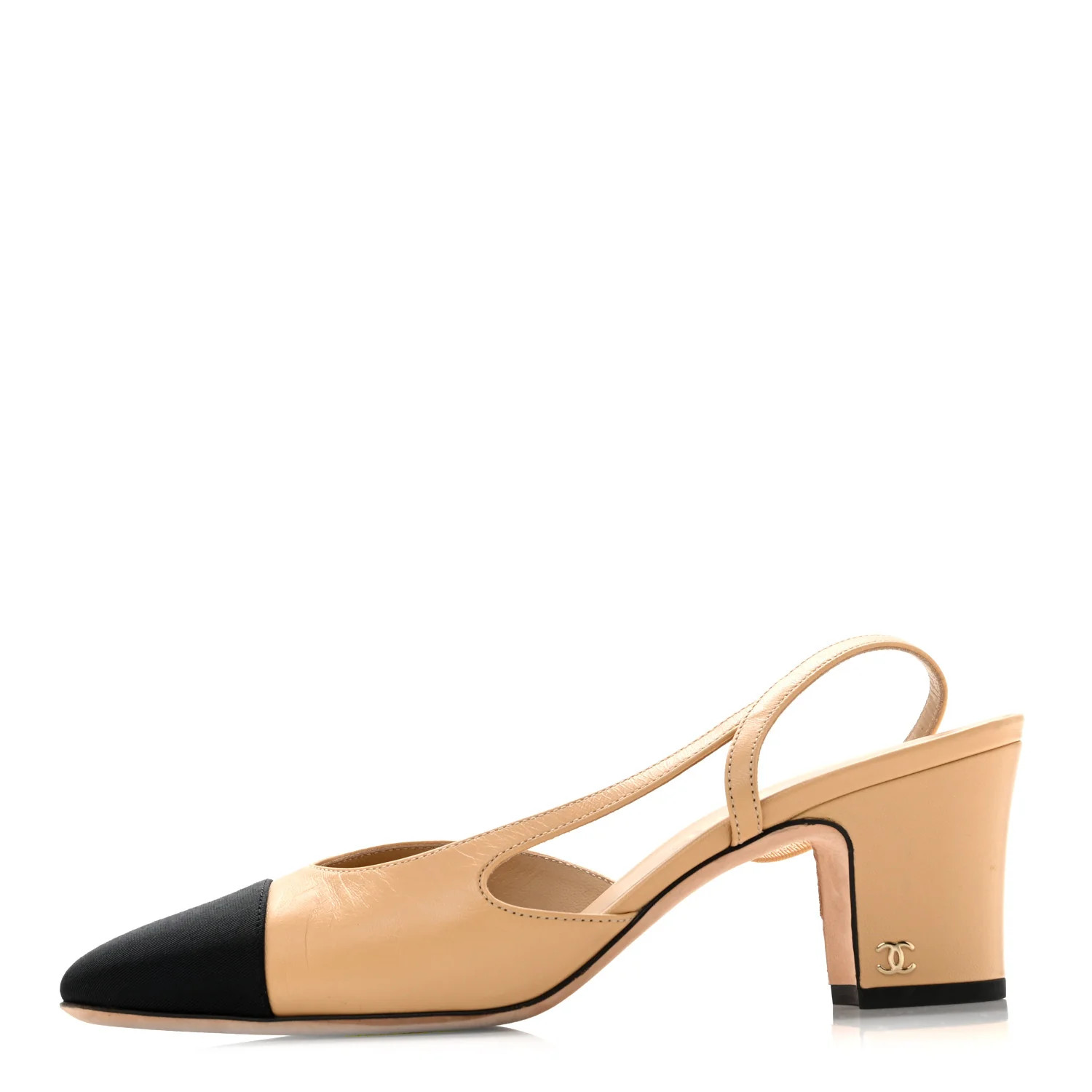 Chanel Goatskin Grosgrain Cap Toe CC Slingback Pumps 39 Beige Black 1976468 | FASHIONPHILE (US)