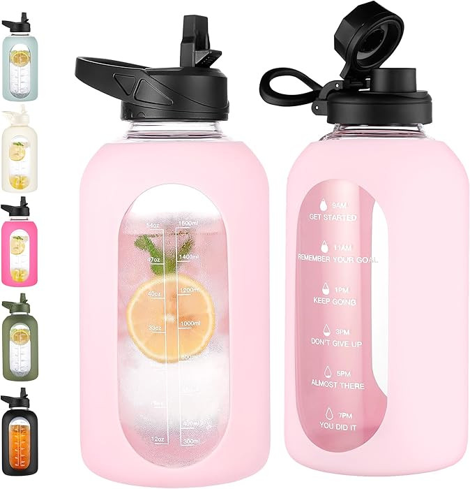 CIVAGO 64 oz Glass Water Bottle Jug with Straw and Handle, Half Gallon Sports Motivational Water ... | Amazon (US)