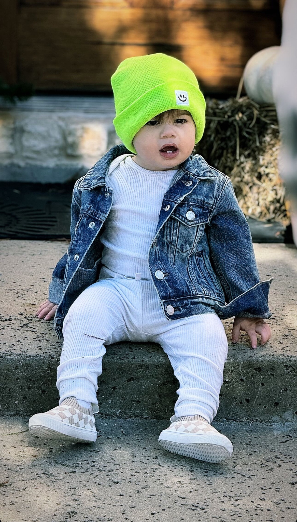 Cool boy style 😍 P is wearing a ribbed onesie/pant set and denim jacket from gap; neon green smiley beanie and checker board pattern slip on shoes from amazon

#LTKkids #LTKstyletip #LTKbaby