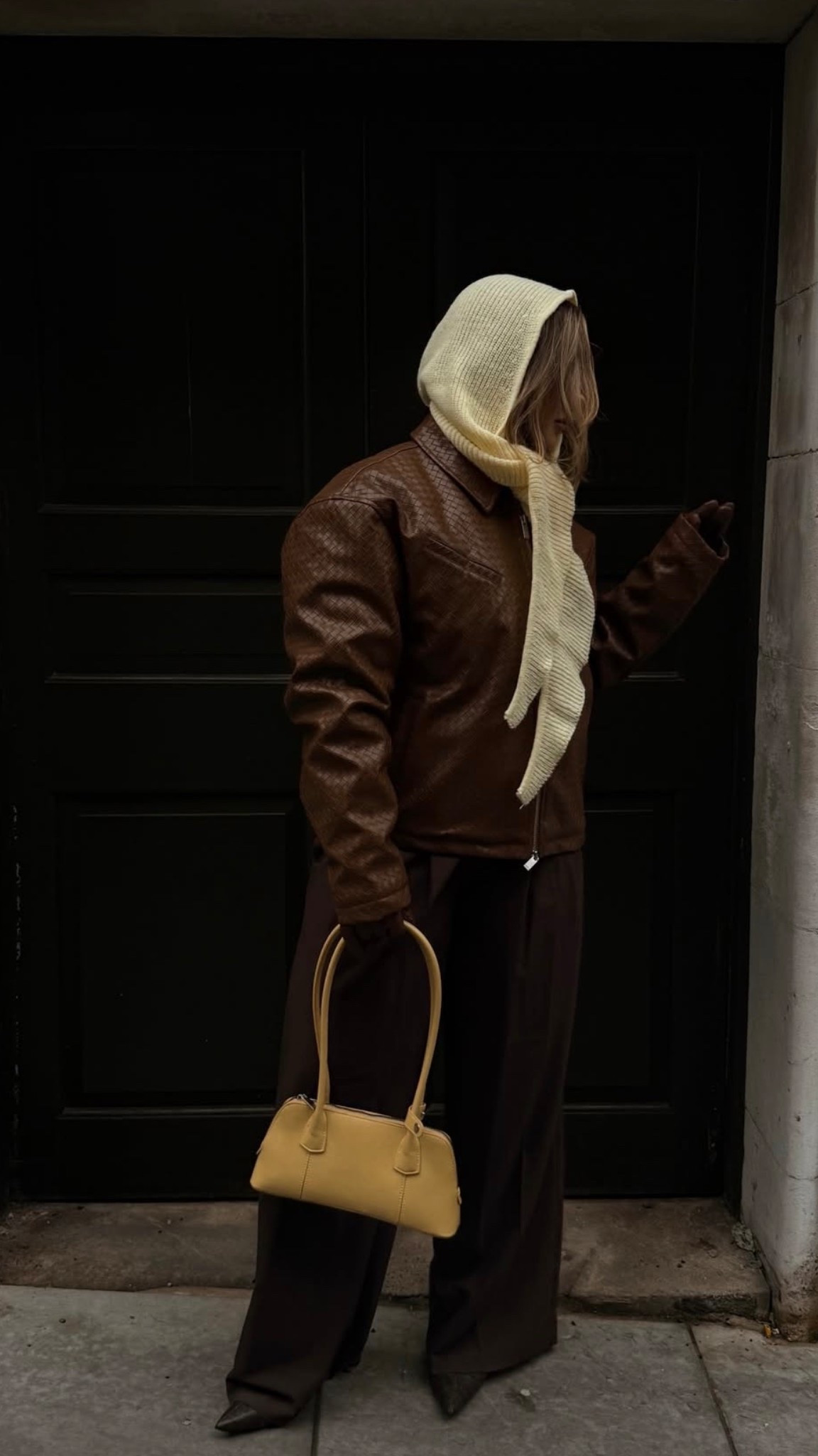 Cool girl chic - yellow knitted balaclavas- brown trousers - boohoo jacket 

#LTKwinter #LTKuk #LTKstyletip