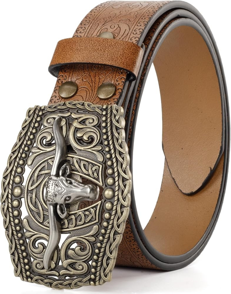 Men Women-Western-Cowboy-Leather-Belts - Longhorn Bull Pattern Buckle Belt Floral Engraved Buckle... | Amazon (US)