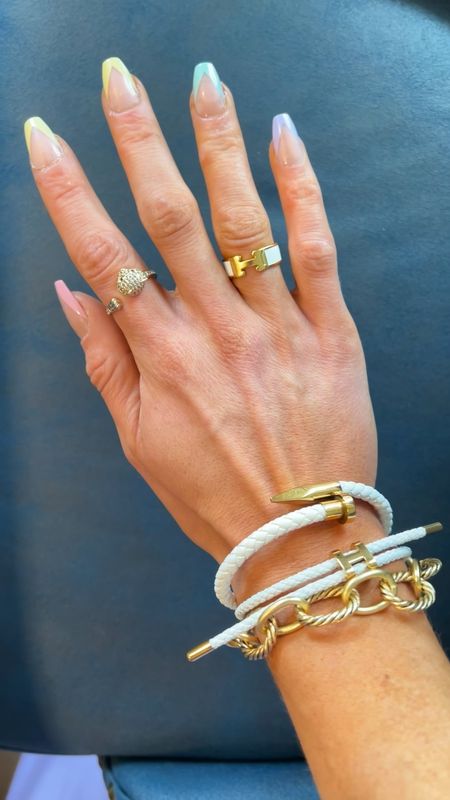 Summer nails colored press on French tips 
Hermes bracelet 
David Yurman chain link bracelet 
H dupe rings 
Panther rings 

#LTKunder50 #LTKunder100 #LTKbeauty
