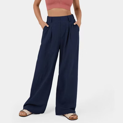 Women's Casual Linen Wide Leg Work Pants High Elastic Waist Dress Palazzo Pants Trousers with Pockets,Dark Blue,2XL | Target