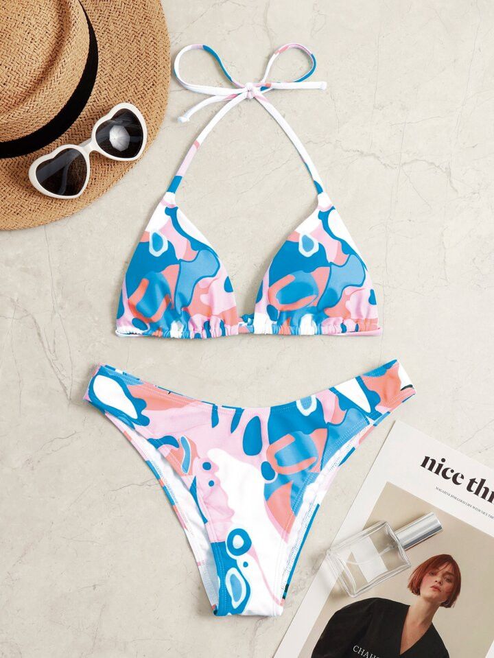SHEIN Swim Vcay Allover Print Bikini Set Halter Triangle Bra & Bikini 2 Piece Swimsuit | SHEIN