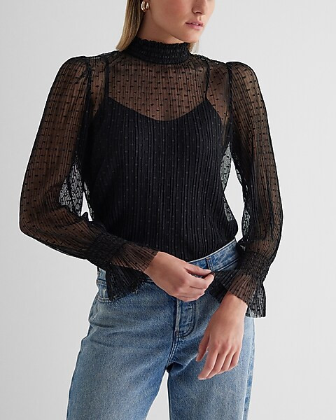 Sheer Dot Mock Neck Smocked Cuff Top | Express