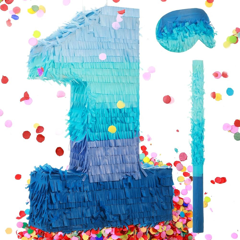 Sratte Number 1 2 3 4 5 6 7 8 9 Piñata with Stick Blindfold Confetti, Gradient Blue Piñata for ... | Amazon (US)