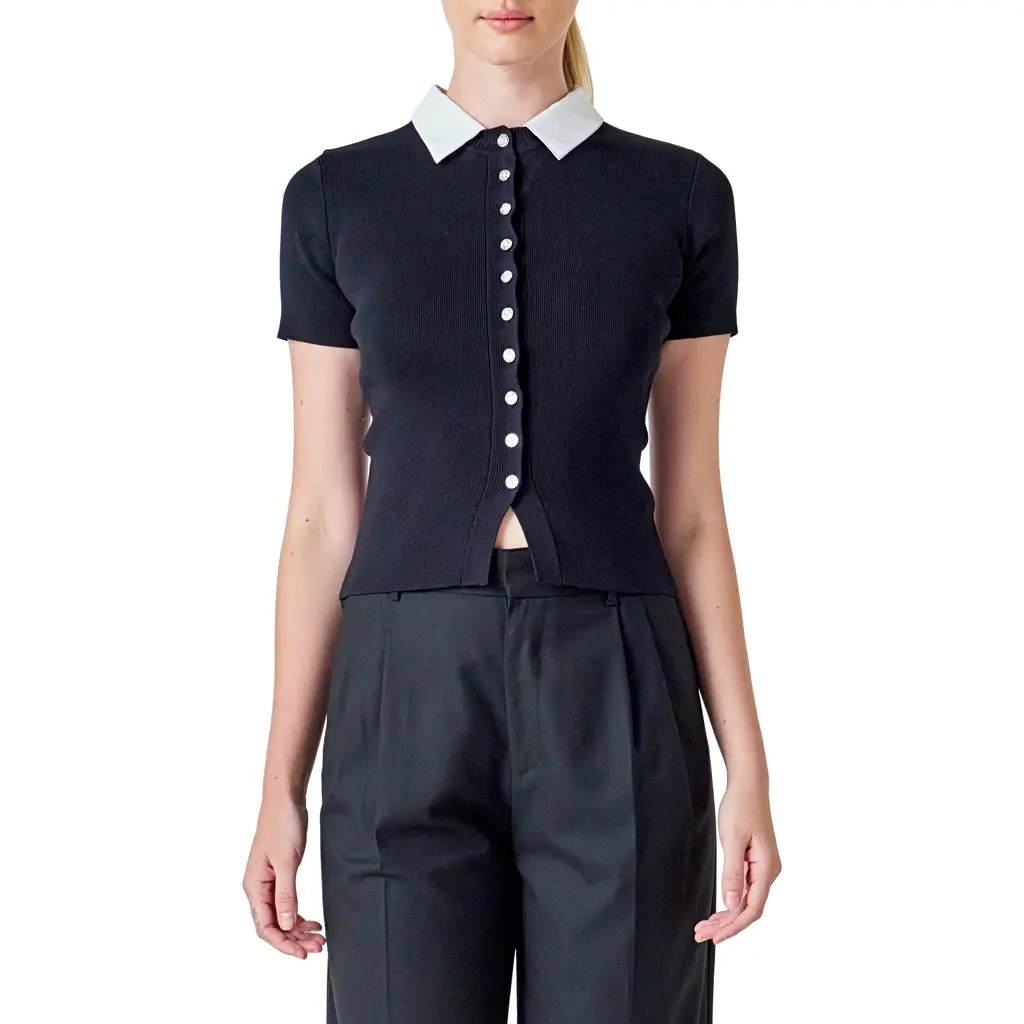 Endless Rose Contrast Collar Button Front Knit Top in Black/ivory at Nordstrom Rack, Size Small | Nordstrom Rack