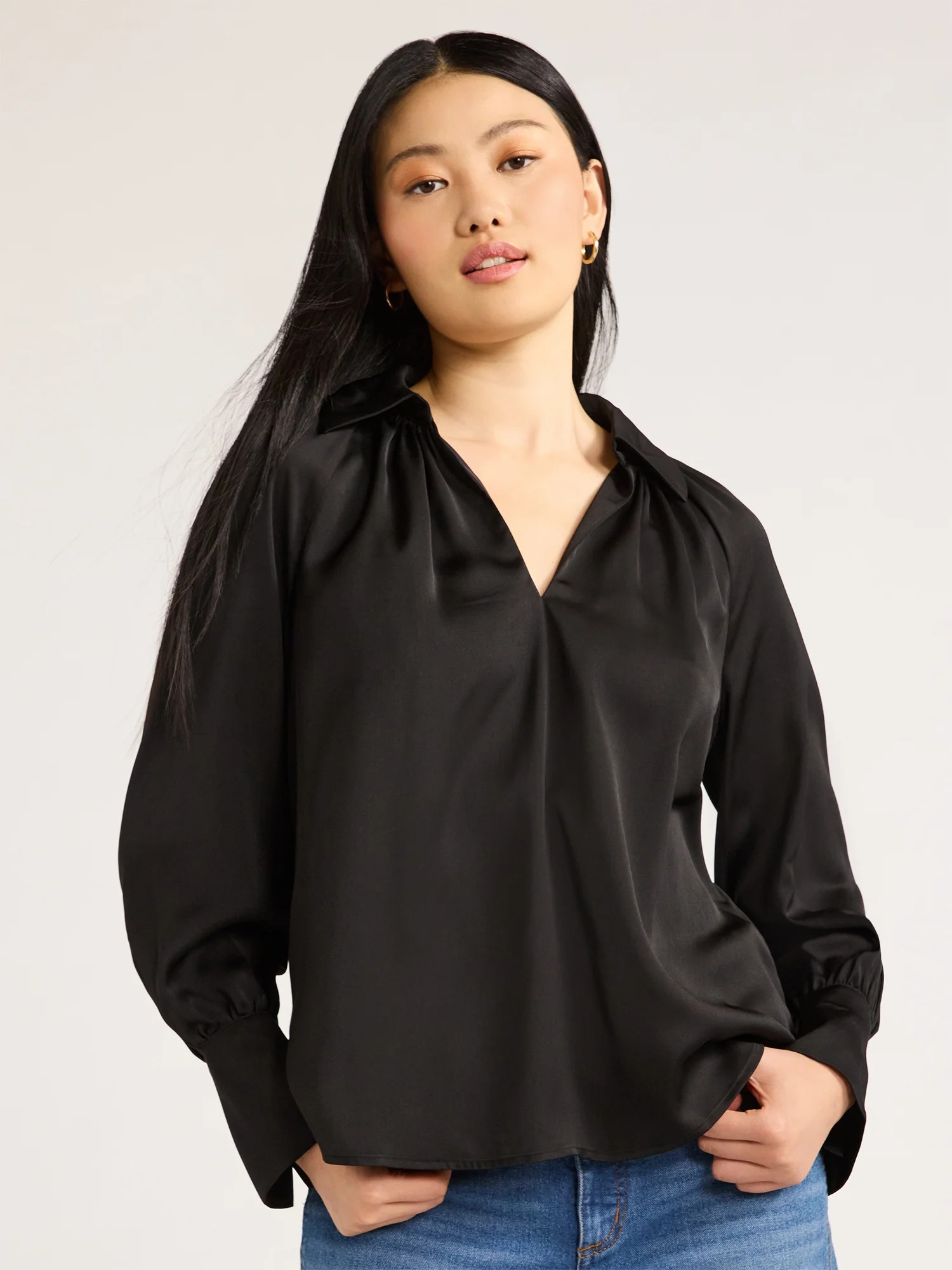 Scoop Women’s V-Neck Popover Matte Satin Blouse with Long Sleeves, Sizes XS-XXL | Walmart (US)