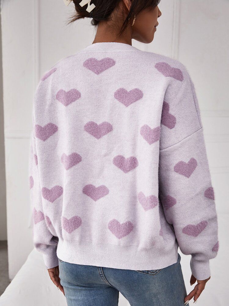 SHEIN Heart Pattern Drop Shoulder Sweater | SHEIN