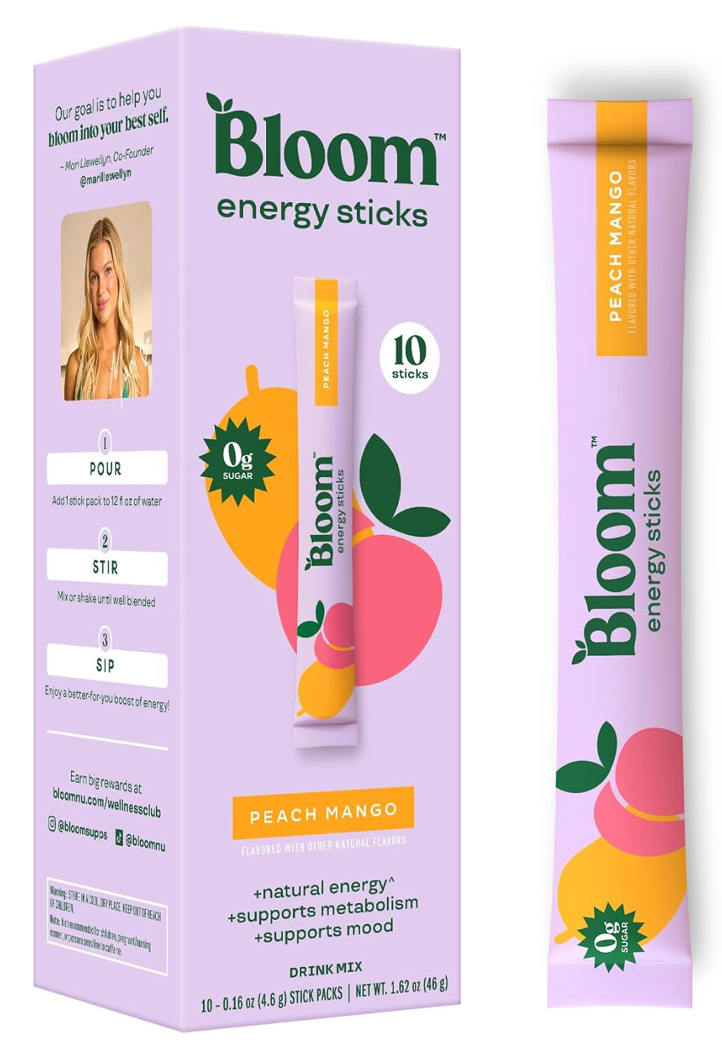 Bloom Nutrition Energy Drink Powder Packets, Peach Mango, 10 Count | Amazon (US)