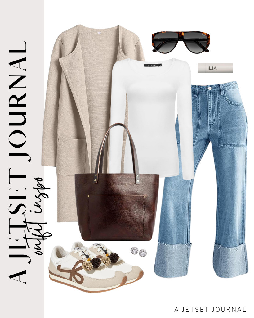 Start this first outfit by wearing this long-sleeve tee from OThread & Co. with PLNOTME baggy cuffed jeans. Then, layer this fit with a light khaki ANRABESS long cardigan sweater and wear these LUCKY STEP retro fashion sneakers. Don’t forget this ILIA - Balmy Tint Hydrating Lip Balm! 

 #LTKSeasonal #LTKSaleAlert #LTKTravel