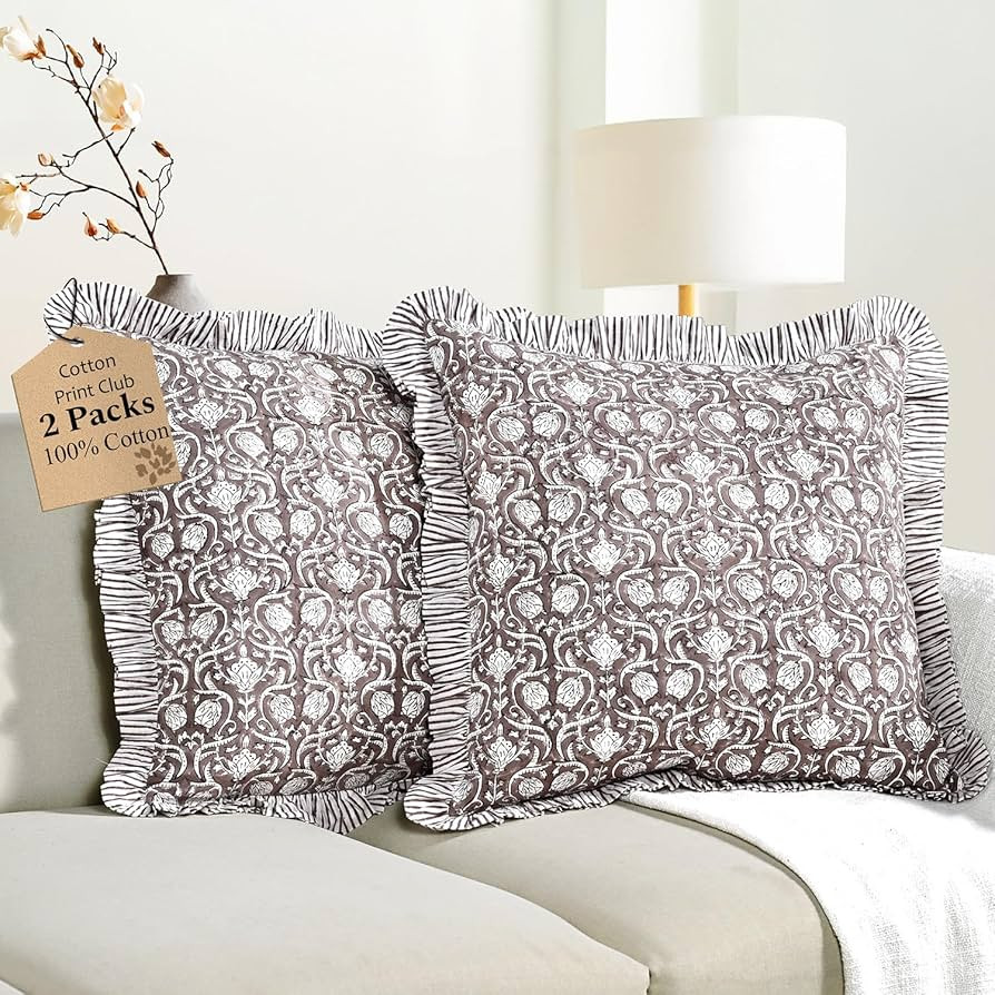 CPC Mocha Regal Hand Block Print 100% Cotton Ruffle Throw Pillow Cover 20x20 inch with Hidden Zip... | Amazon (US)