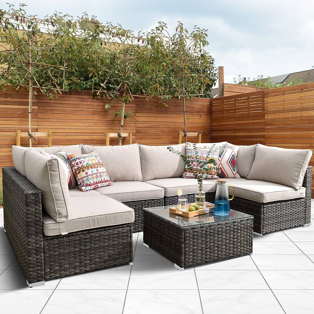 Patio Outdoor Sectional Furniture Sofa Set,7 Piece U Shaped Corner Wicker Rattan Couch Set,Rustic... | Amazon (US)