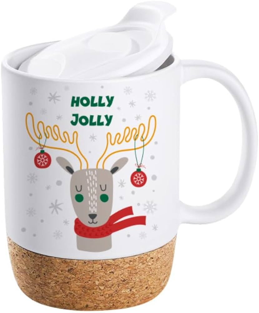 ALLTHINGVB Ceramic Christmas Reindeer White Mug with Cork Base and PP Lid, Luxury Christmas Tea M... | Amazon (US)
