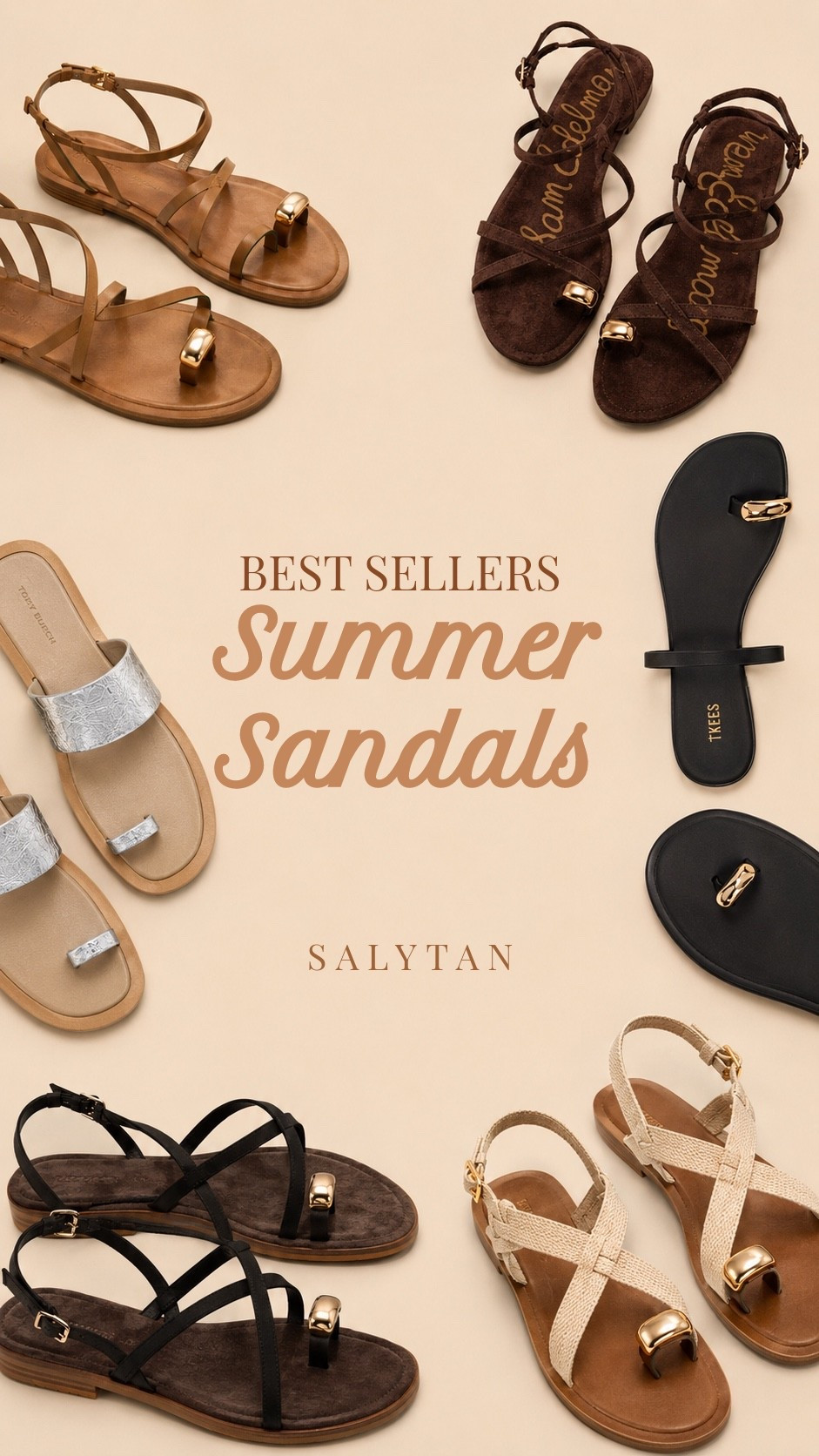 Best Sandals for Summer, Early Fall, Spring

Open toe sandals, toe ring sandals, metallic toe ring, suede, leather 

TKEES
Tory Burch
Sam Edelman
Dolce Vita
vivaia 
Adidas