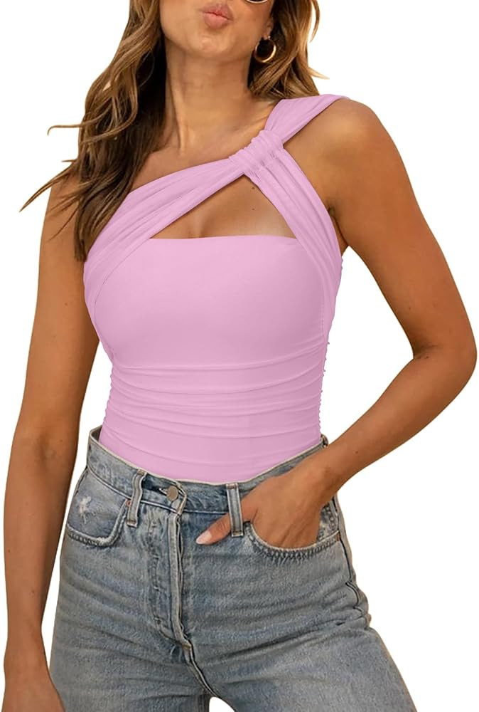 REORIA Womens Sexy One Shoulder Asymmetrical Leopard Print Mesh Ruched Backless Going Out Bodysui... | Amazon (US)