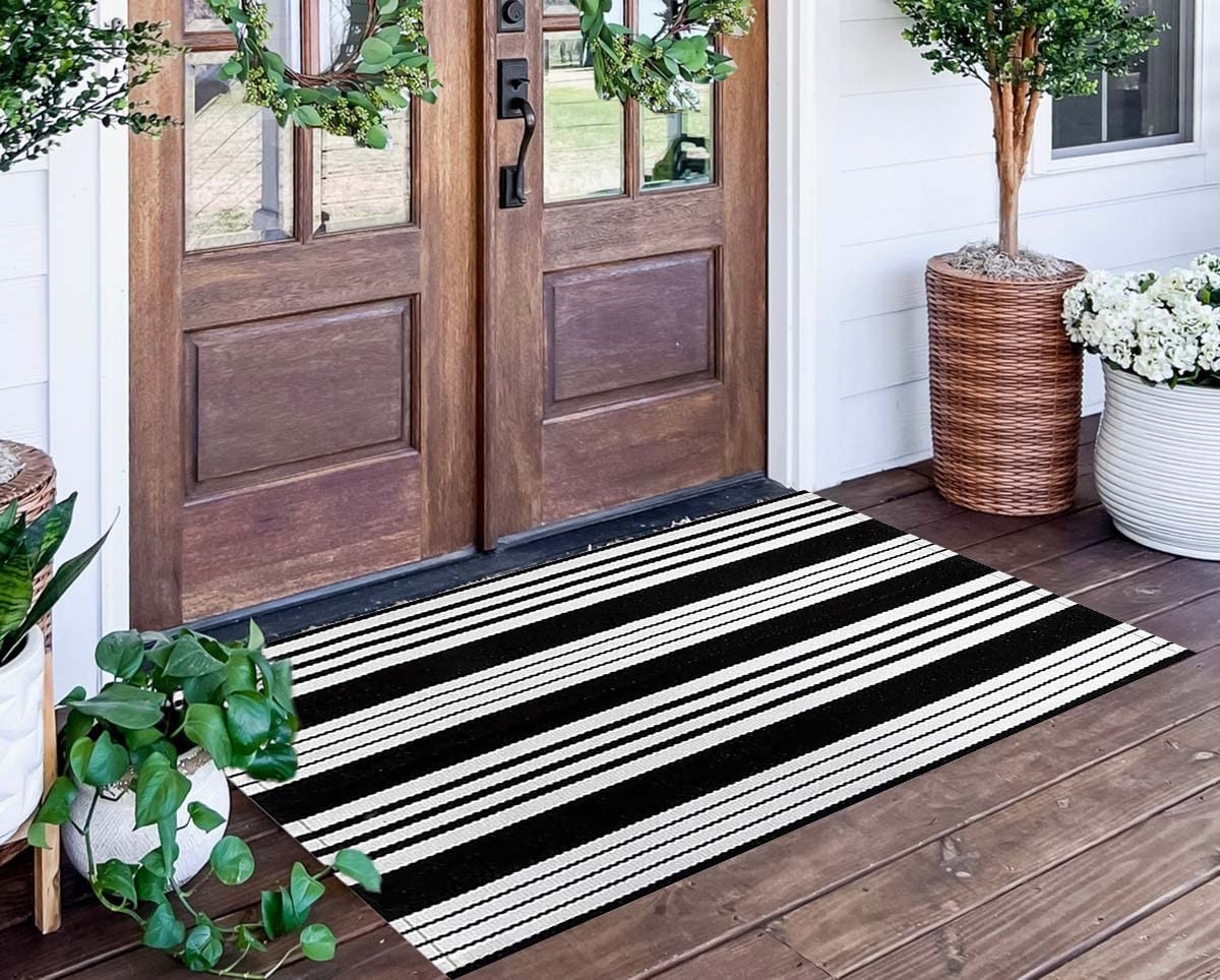 Striped Outdoor Rug 24'' x 51''Black and White Front Porch Mat, Machine Washable Hand-Woven Indoo... | Amazon (US)