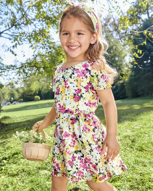 Baby And Toddler Girls Floral Cold Shoulder Dress - simplywht | The Children's Place