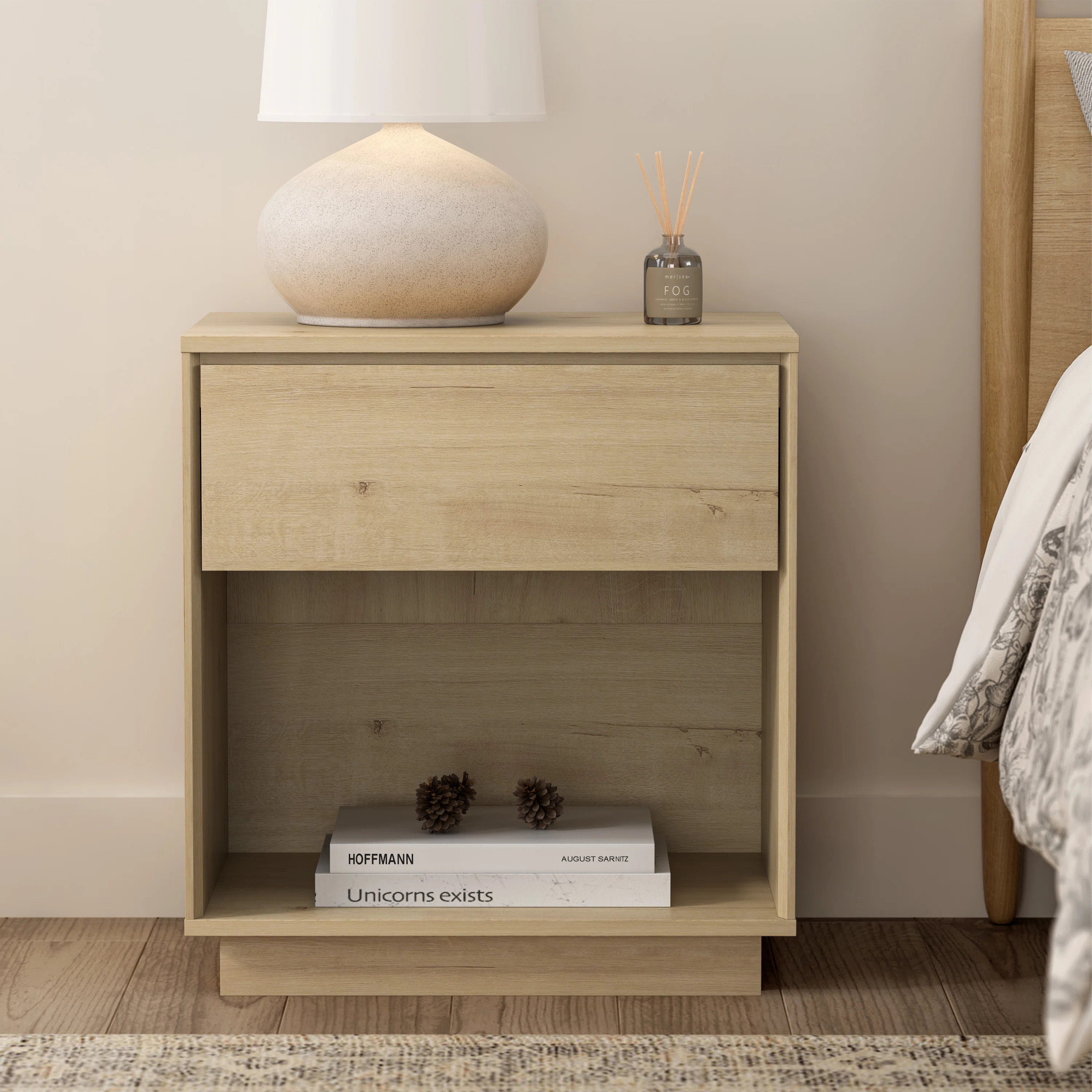Wood Nightstand With Drawer & Open Shelf, Minimalist Side Table For Bedroom, Living Room | Wayfair North America