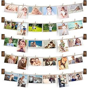 Emfogo Hanging Photo Display, Wood Picture Photo Frame for Wall DIY Decor 5 Strings with 30 Clips... | Amazon (US)