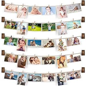 Emfogo Hanging Photo Display, Wood Picture Photo Frame for Wall DIY Decor 5 Strings with 30 Clips... | Amazon (US)