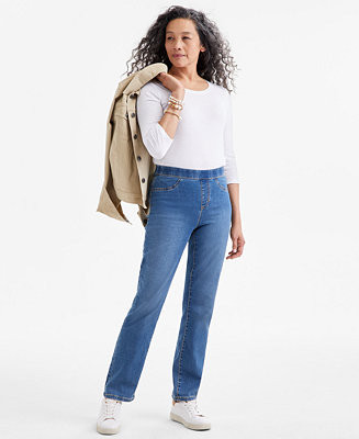 Petite Mid-Rise Pull-On Straight-Leg Jeans, Exclusively at Macy's | Macy's