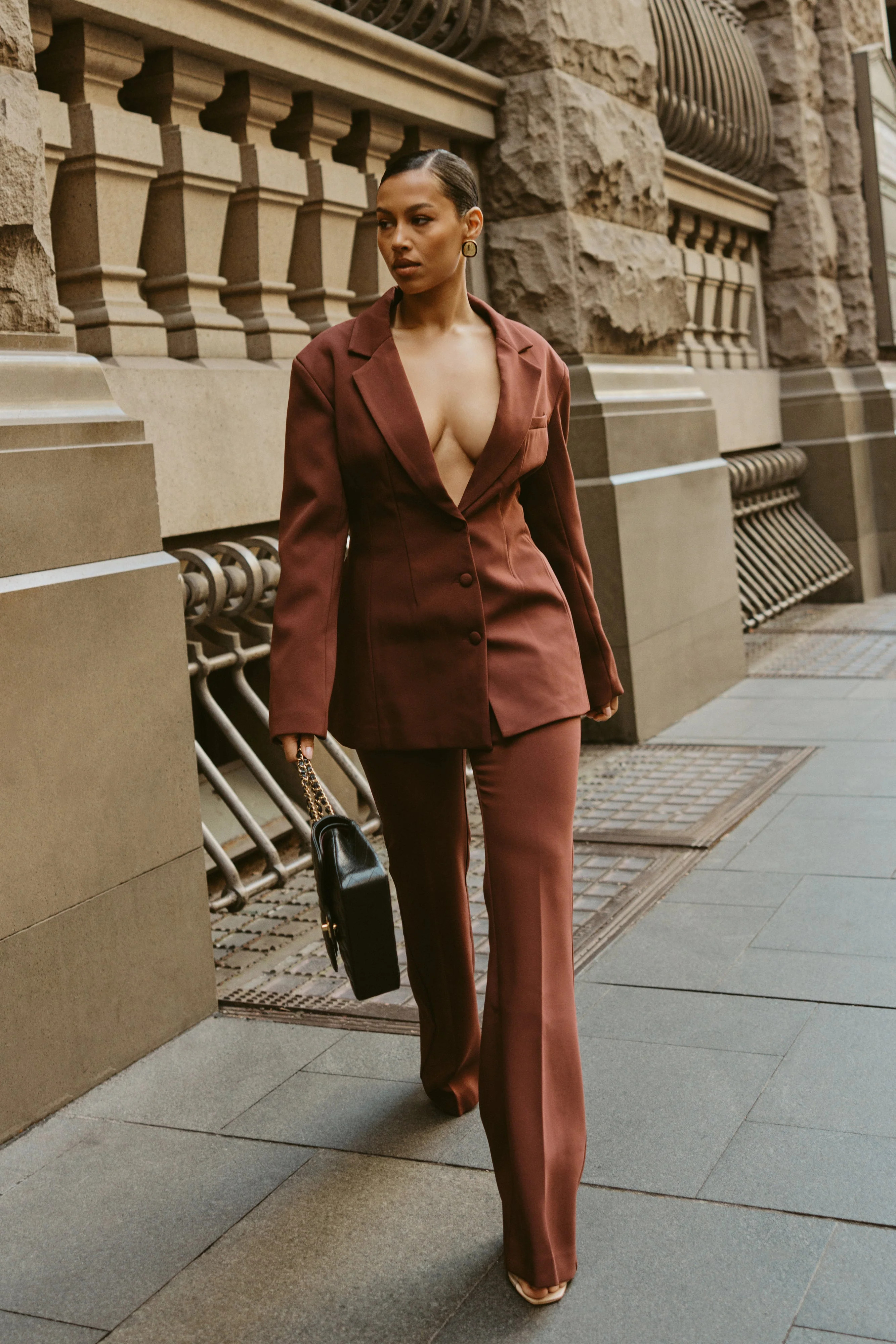 Loretta Fit & Flare Tailored Pant - Chocolate | Meshki (APAC)