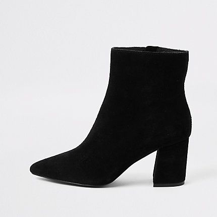 Womens Black suede pointed toe block heel boots | River Island (UK & IE)