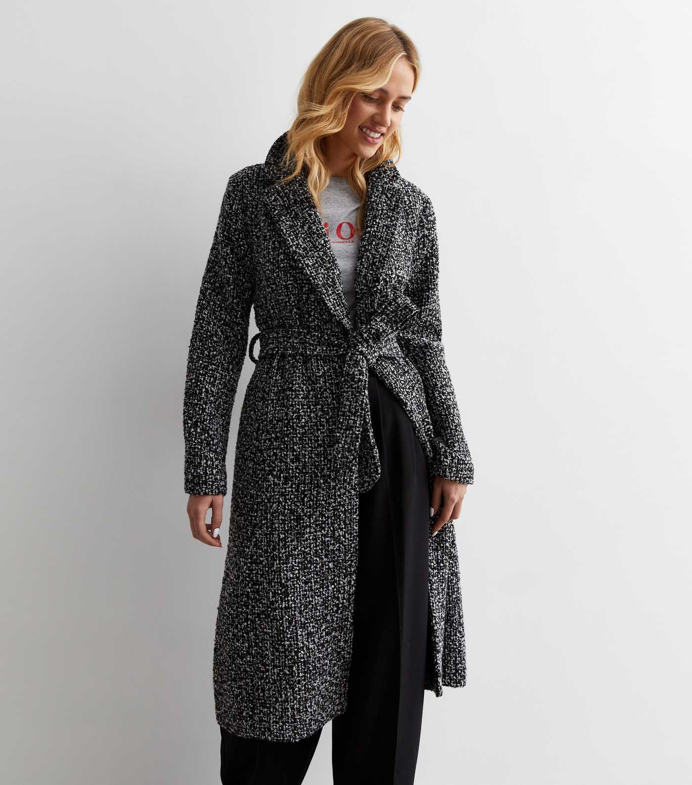 Black Bouclé Belted Long Coat | New Look | New Look (UK)