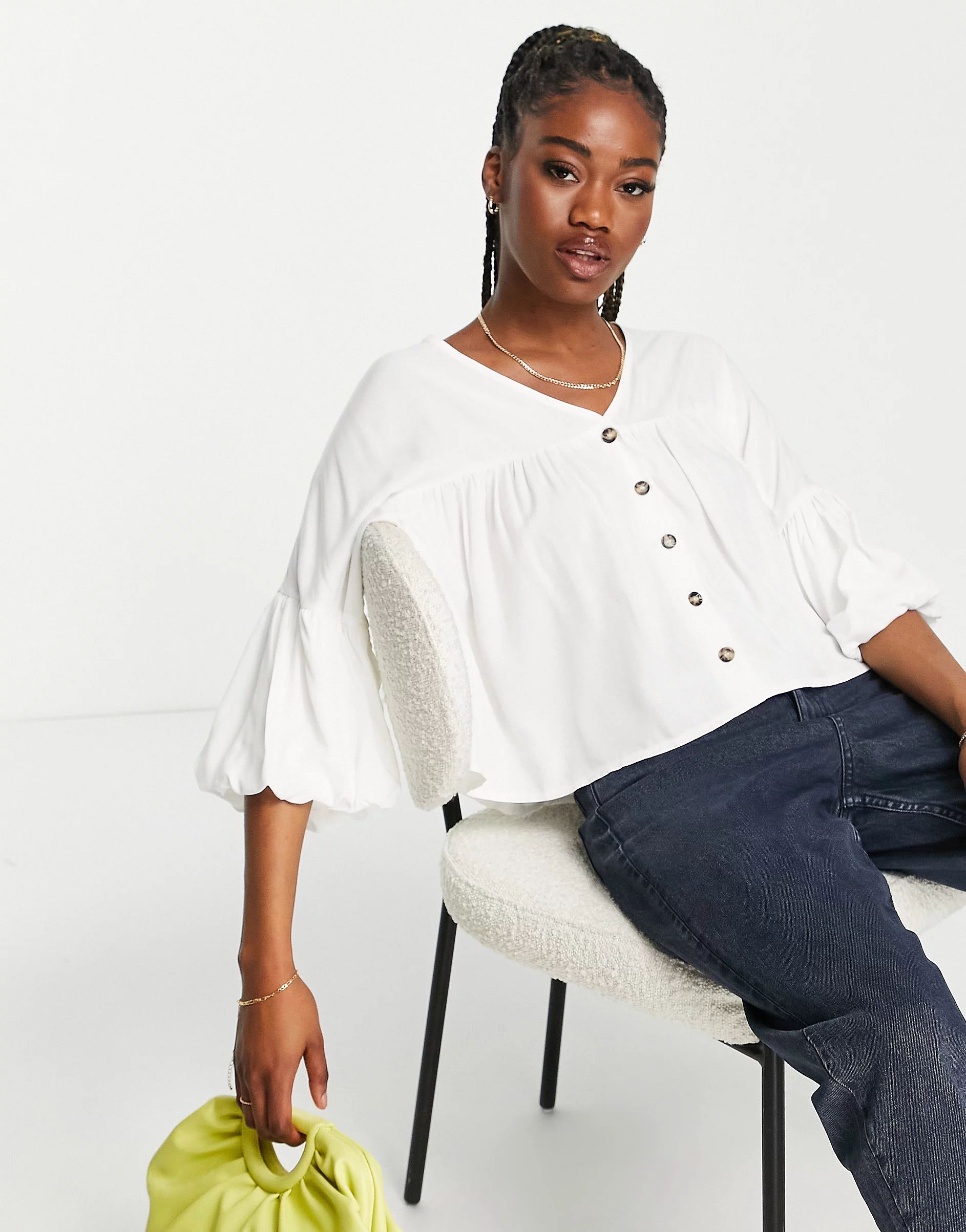 ASOS DESIGN puff sleeve button through blouse in white | ASOS (Global)